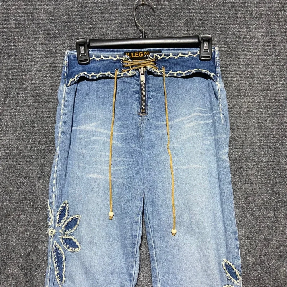 Illegal Jeans Womens Light Wash Crochet Lace Up Flare Denim Jeans Size 5 Y2K